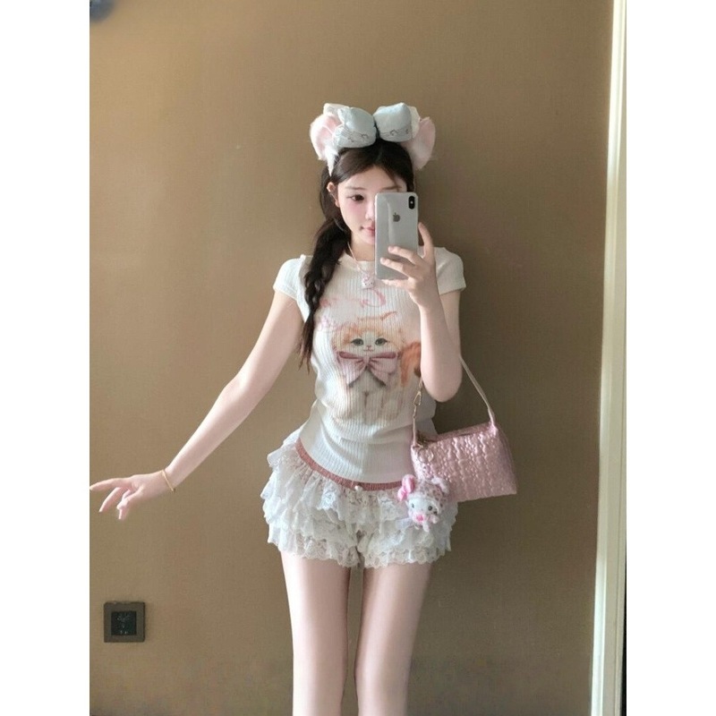 Pure Lust Style ニッチリボン子猫プリント半袖 20225 夏スリムフィットトップ右肩 Tシャツ女性用|undefined