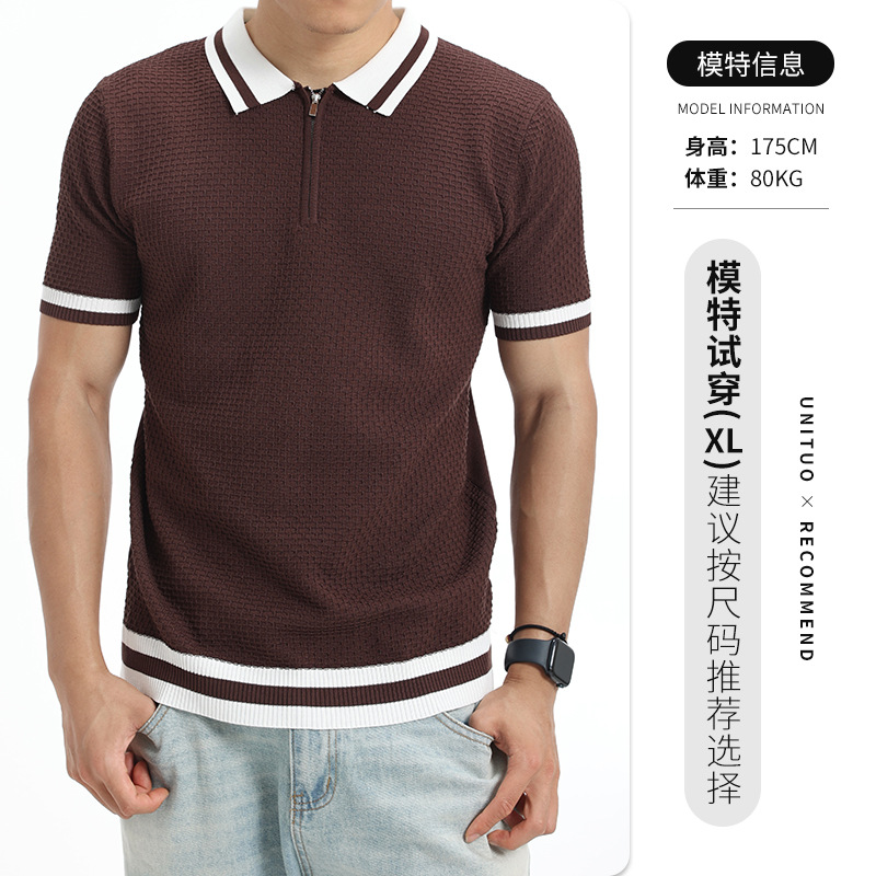 Camiseta de polo de punto de costilla de hielo con cuello superior de manga corta para hombre ligero estilo de negocios casual alta sensación de ropa de hombre