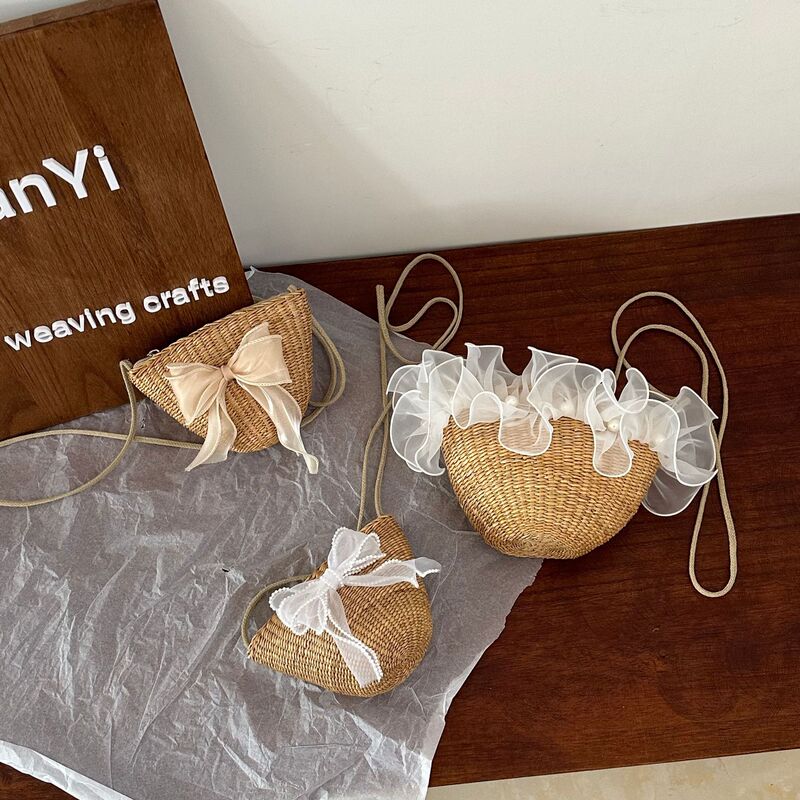 Ins Children's Cute Handmade Woven Bag Crossbody Bag Beach Straw Bag Baby Coin Purse Yellow Straw Bag Internet Celebrity