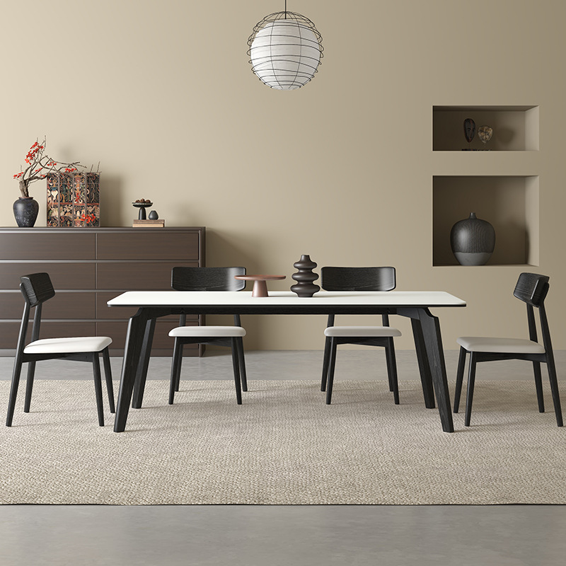 意式轻奢实木岩板餐桌椅组合现代简约小户型家用白蜡木长方形饭桌