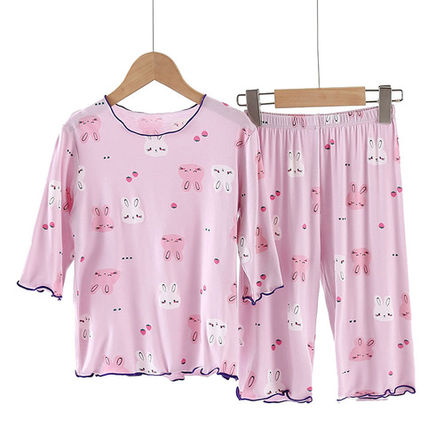 Rounuo's new children's air-conditioned clothing suit summer thin style similar to modal girls' pajamas suit three-quarter sleeve A