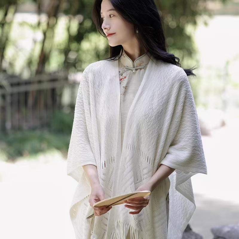 (2개) 새로운 스타일의 치파오 숄, 산뜻하고 예술적이고 다재다능한 에어컨 숄, 속이 빈 외부 치파오 가디건, 프린지 숄