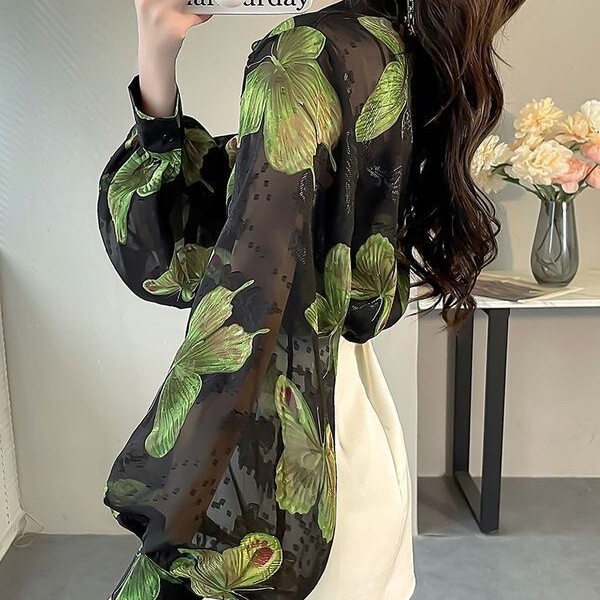 Lady Elegant Top 2025 Butterfly Print Shirt Loose Lantern Sleeve Floral Shirt Niche Design Sense Chiffon Shirt