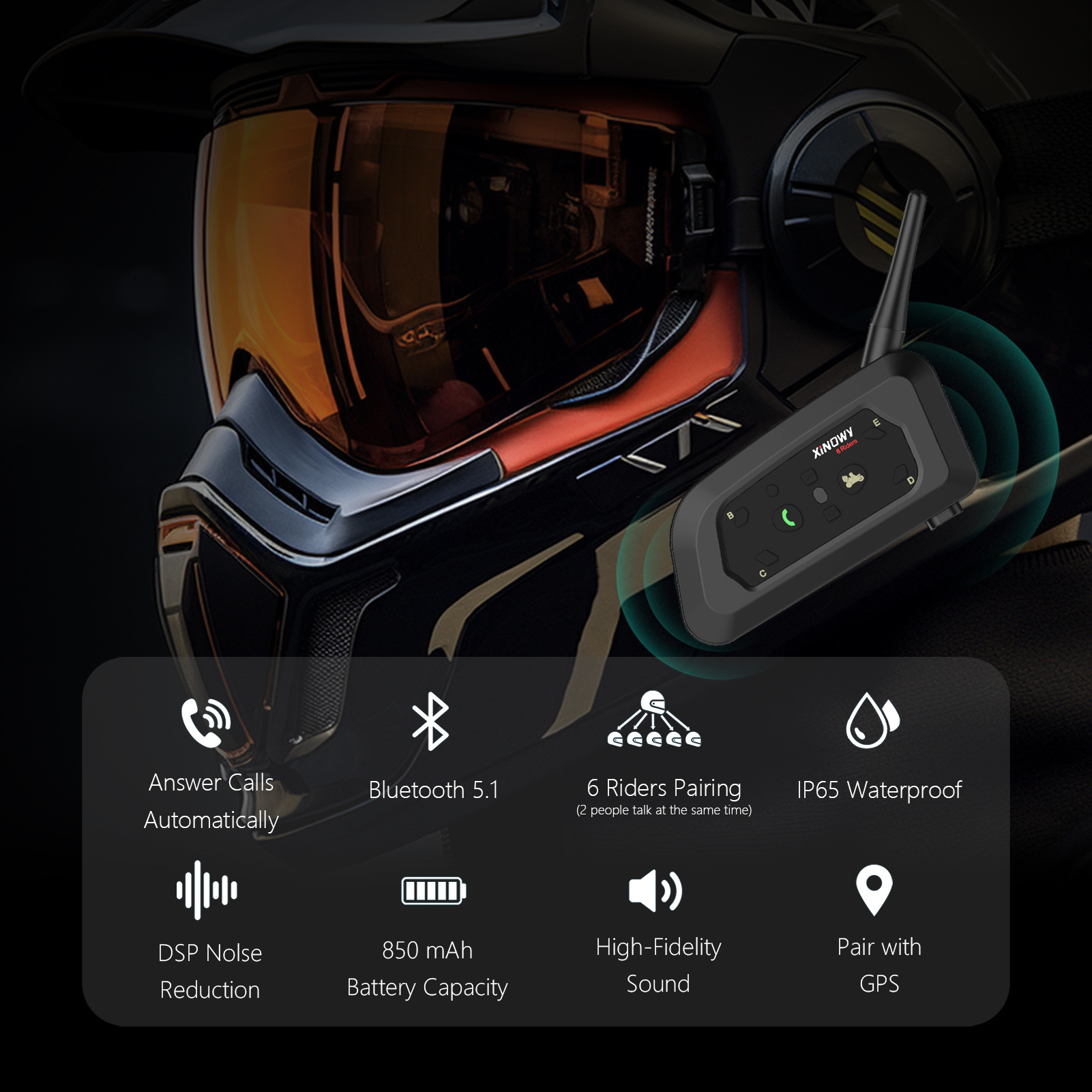 Xinowyv6Pro Motorcycle Helmet Bluetooth Headset 2-Person Intercom Helmet Intercom 3.5Mm/Typec Interface