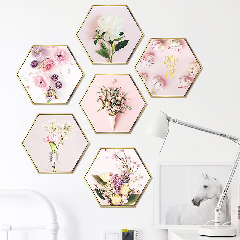 New Pink Flower Flat Hexagonal Photo Frame Wall Sticker display picture 1