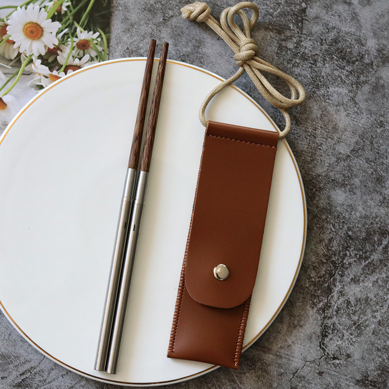 Acampar al aire libre plegable rojo sándalo palillos viaje de acero inoxidable ala de pollo Ebony palillos de almacenamiento portátil regalo