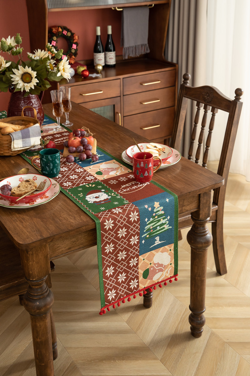 Christmas Jacquard Table Runner Polyester Cotton Decorative Flag_voghion.com