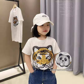 一家三口亲子装高质量2025熊猫亮片短袖百搭时髦洋气童装T恤上衣