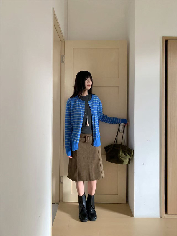 誉一新款2025秋季复古美拉德麂皮绒半身裙女腰带百搭中裙女m3760|undefined