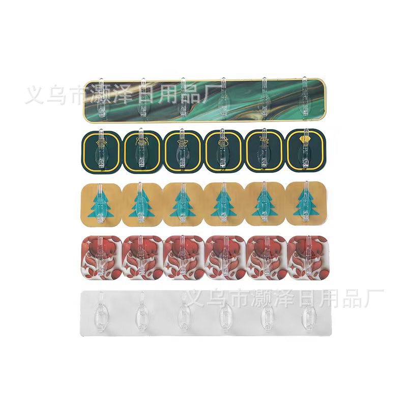 Six-row Coat Hook Adhesive Hook Door Rear Kitchen Traceless Punch-free Gold and Silver Yake Bronzing Marble Stereo Printing