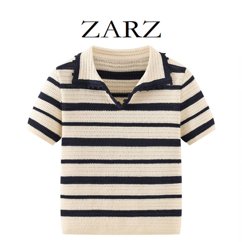 Zarz Self-Made European and American Style New Women's Fashion Trendy Casual Color-Block Striped Hollow-Out Knit Top Zarz Self-Made European and American Style New Women's Fashion Trendy Casual Color-Block Striped Hollow-Out Knit Top