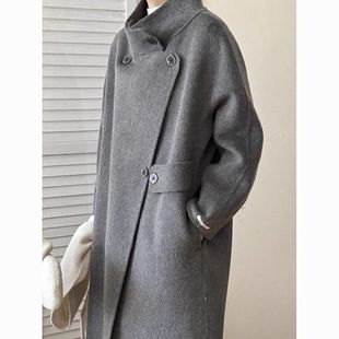 2025 New Autumn and Winter Korean Style Stand-Up Collar Wool Double-Sided Outwear Hepburn Thickeneded Woolen Outwear Gray