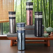 纯钛保温杯旋转茶水分离钛杯男士办公杯高档双层便携泡茶杯礼盒装