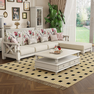 American Style White Sofa Solid Wood Fabric Retro Small Beauty Country Small Apartment Living Room Furniture Three-person 123 Combination