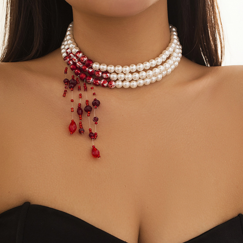European and American Cross-border Jewelry Personalized Round Bead Multi-layer Necklace Vintage Gothic Style Blood Dropping Tassel Imitation Pearl Necklace for Women
