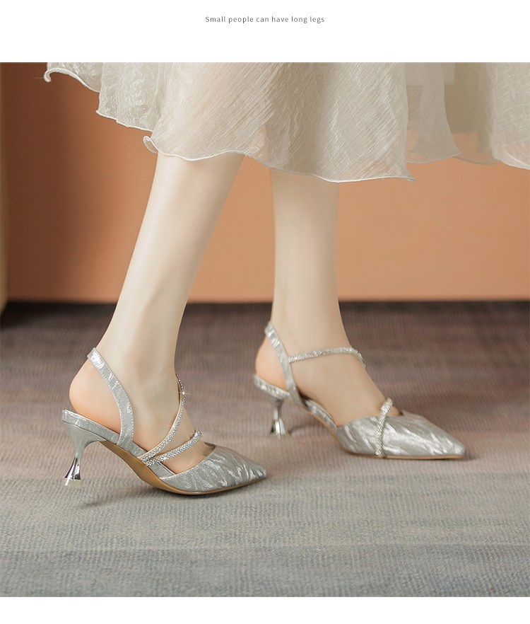 Sandal cao gót nữ mũi nhọn bít mũi đính đá phong cách Pháp — Y781 màu bạc chi tiết 15