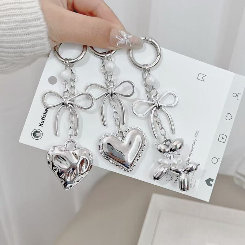 Original Cross-Border Ins-Style Heart-Shaped Phone Chain, Silver Bow Keychain, Simple and Versatile Balloon Dog Bag Pendant