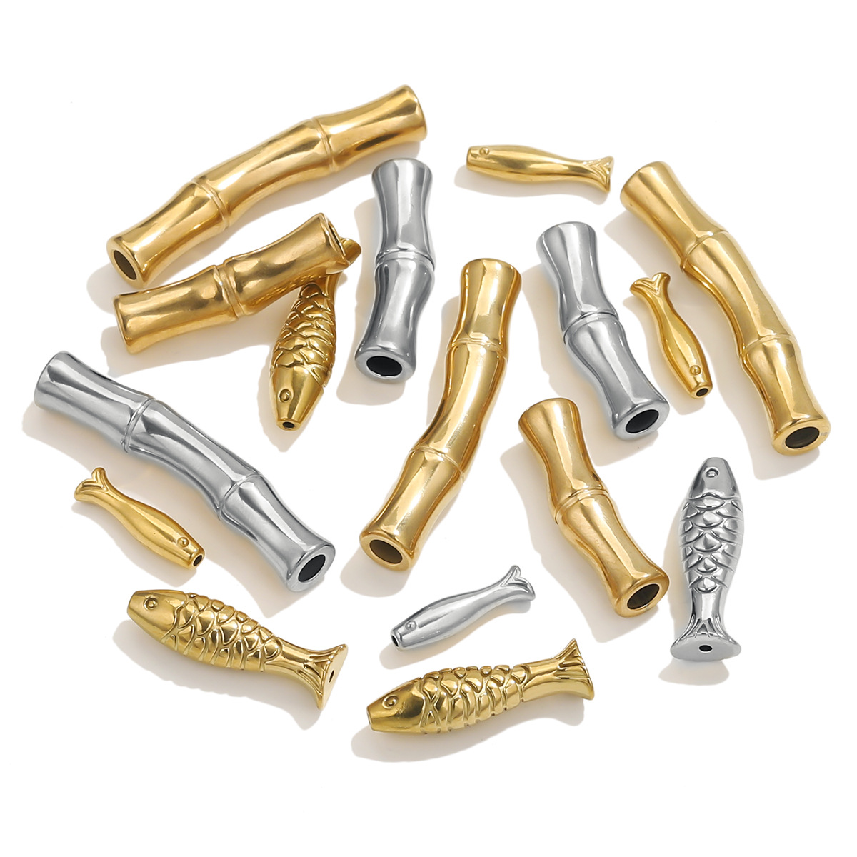 Acero inoxidable dorado bambú curva pequeña perla de pez accesorios de material de cuerda tejida a mano accesorios de pulsera cuentas de acero DIY accesorios