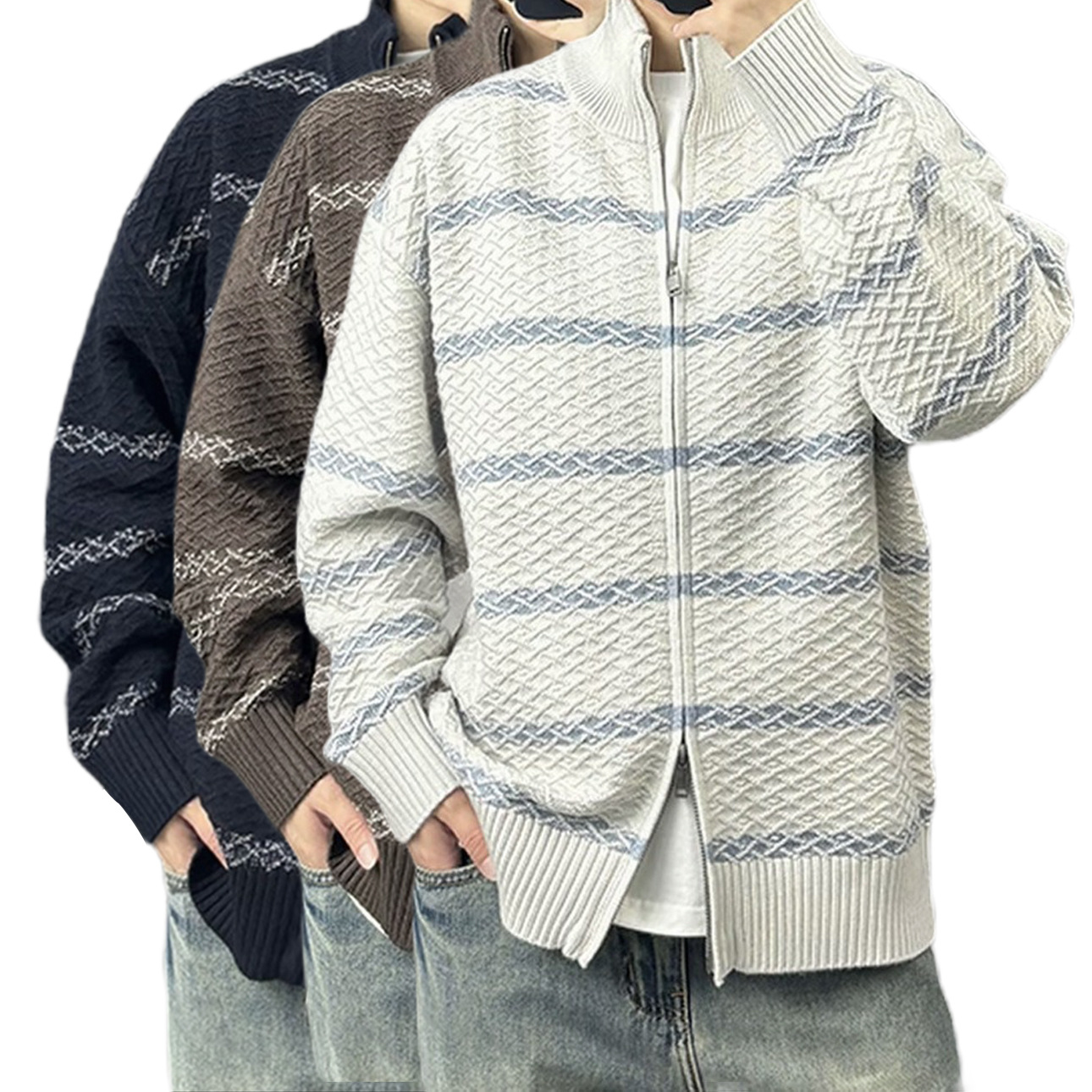 Explosiones transfronterizas de tamaño europeo de tamaño grande contraste a rayas cardigan jersey suéter texturas de mujer abrigo de cuello al por mayor fábrica