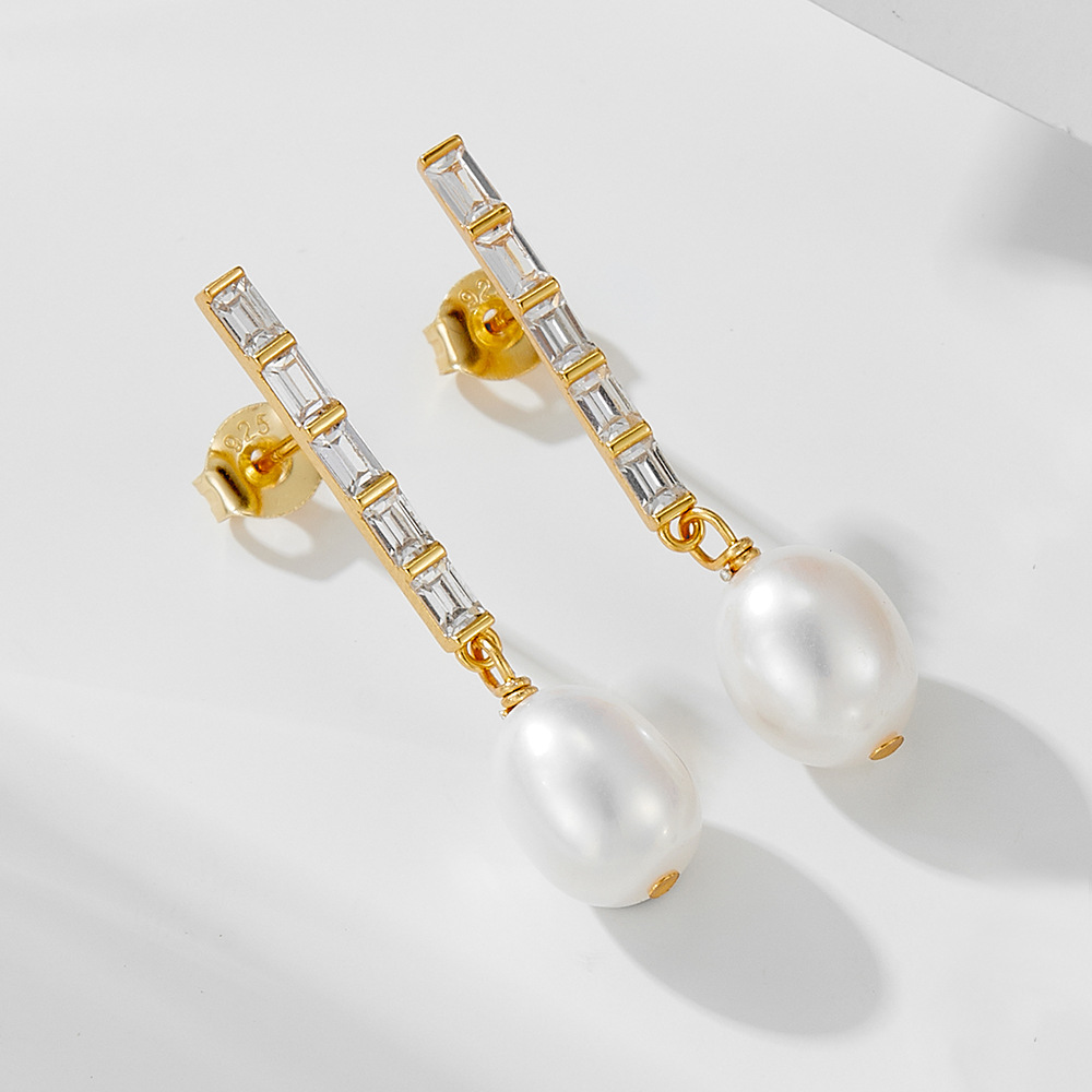 14K Real Gold Plated Plating Material Zircon Inlay Material 1 Pair 925 Sterling Silver Freshwater Pearl Zircon Geometric Solid Color Drop Earrings