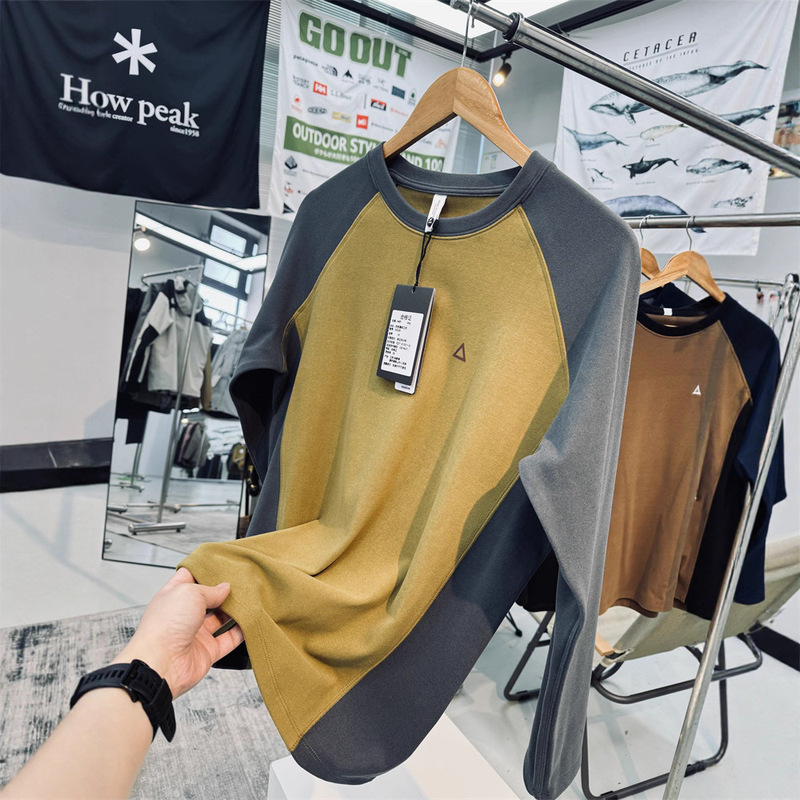 Contrast Color Raglan Sleeves for Men and Women, Double-Sided Velvet Sports Outdoor Middle Layer Round Neck Pullover Sweatshirt T-Shirt