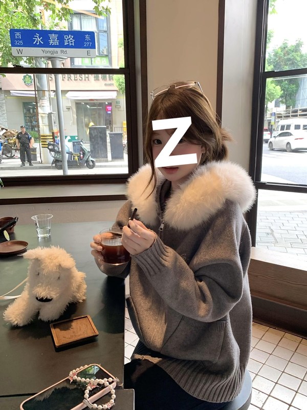 美式复古慵懒风灰色毛领外套连帽针织开衫女秋冬季小个子外搭上衣|undefined