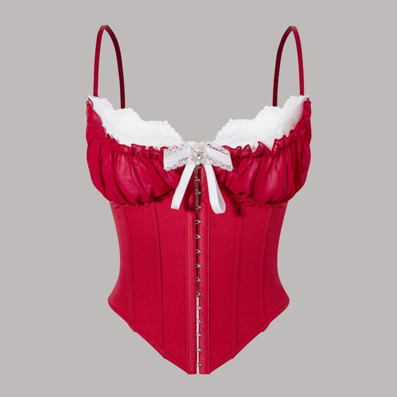 Cross-Border Sexy See-Through Mesh Splicing Lace Chest Cotton Hot Girl Fishbone Camisole High-End Inner Top