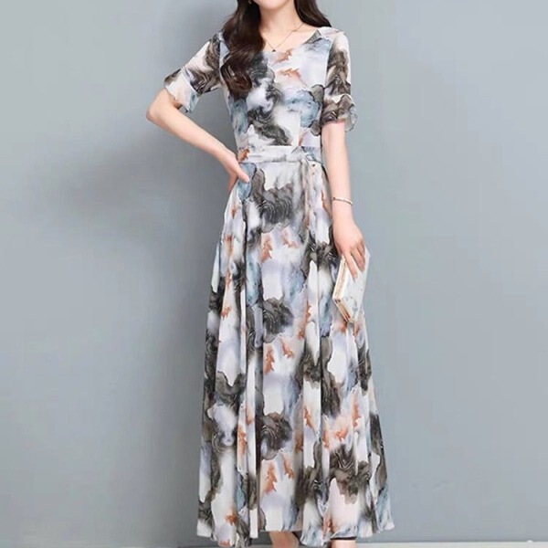 Floral Dress Women's Summer 2025 New Style Waist Fashion Large Hem Long Slim and Elegant Mother's Wear Large Size Long Skirt