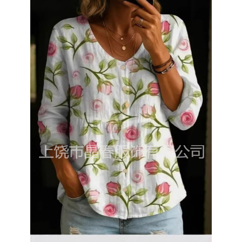 New Style Independent Foreign Trade Shirt, Cross-Border Top, Round Neck, European Size, Women's Floral Print Henley Shirt New Style Independent Foreign Trade Shirt, Cross-Border Top, Round Neck, European Size, Women's Floral Print Henley Shirt