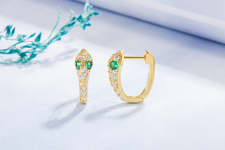 fashion diamond emerald copper 14K gold snake earrings