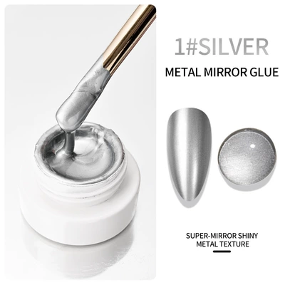 Nail art liquid mirror metallic gel, ultra-bright gold, silver, rose gold, for painting, line drawing, and edge detailing, phototherapy gel, specialized for nail salons (Dırnaq bəzəkləri) - gy77-1-silver-mirror-adhesive