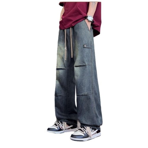 Men's Jeans Spring and Summer Washed Retro American Streetwear Loose Wide Leg Straight Tube Pants Work Pants