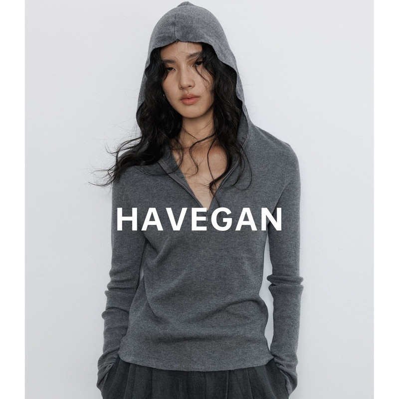 Havegan/Spring Hooded Wool Long-Sleeve Knit Sweater for Women, Solid Color, Lazy Style, Stretchy Casual Top