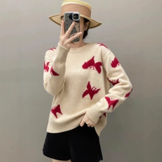 温柔风宽松显瘦短款毛衣蝴蝶女士圆领打底衫山羊绒衫2025秋冬新款