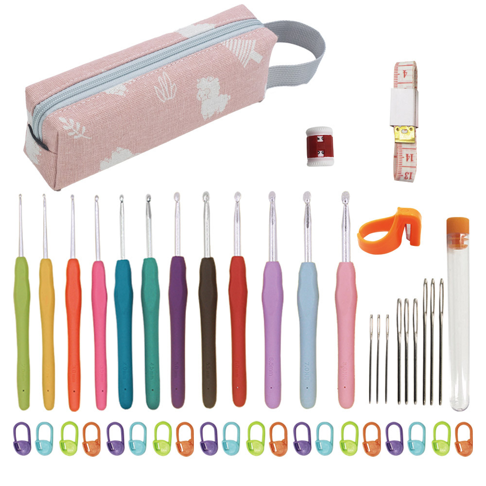 Seleccione estrictamente TPR herramientas de ganchillo de mango suave paquete de material DIY mango de color gancho de aluminio 30PC conjunto completo de novatos image 6