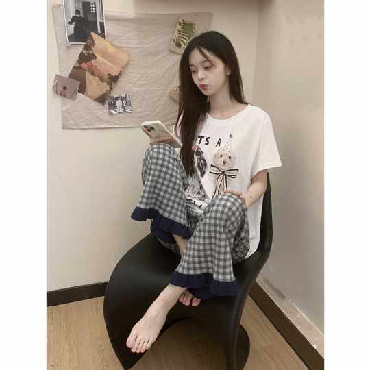 Cute Cartoon Puppy Printed Short-sleeved Pajamas Women's Summer Thin Spring and Summer Home Clothes Plaid Pants Style suit