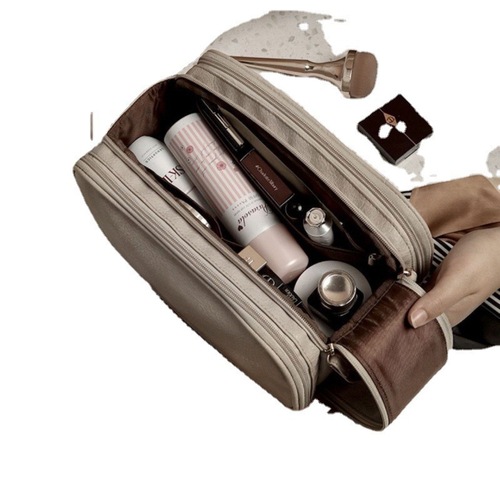  High-Quality Dual Zipper PU Makeup Bag with Double Opening, Large Capacity, Wide Opening, Portable and Multifunctional Storage Bag