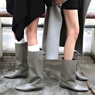 Cowhide Version ~ Autumn and Winter New Korean Style Simple Square Toe Versatile Elegant Low-Heeled Knight Boots for Women, Mid-Calf Boots for Women