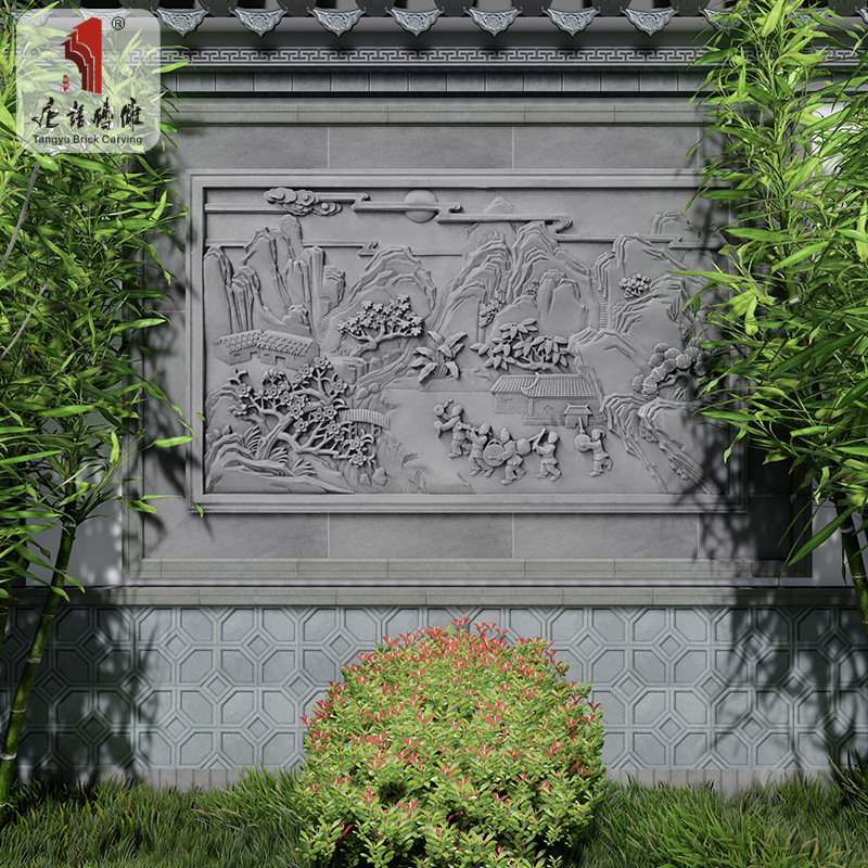 唐语砖雕仿古砖文化砖青砖影壁墙照壁雕砖古镇街景外墙装饰山水画