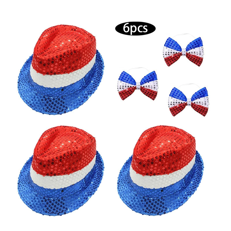В наличии красно-бело-синяя джазовая шляпа ко Дню независимости, красно-бело-синяя шляпа-федора с блестками, джазовая шляпа с галстуком-бабочкой для карнавальной сцены.