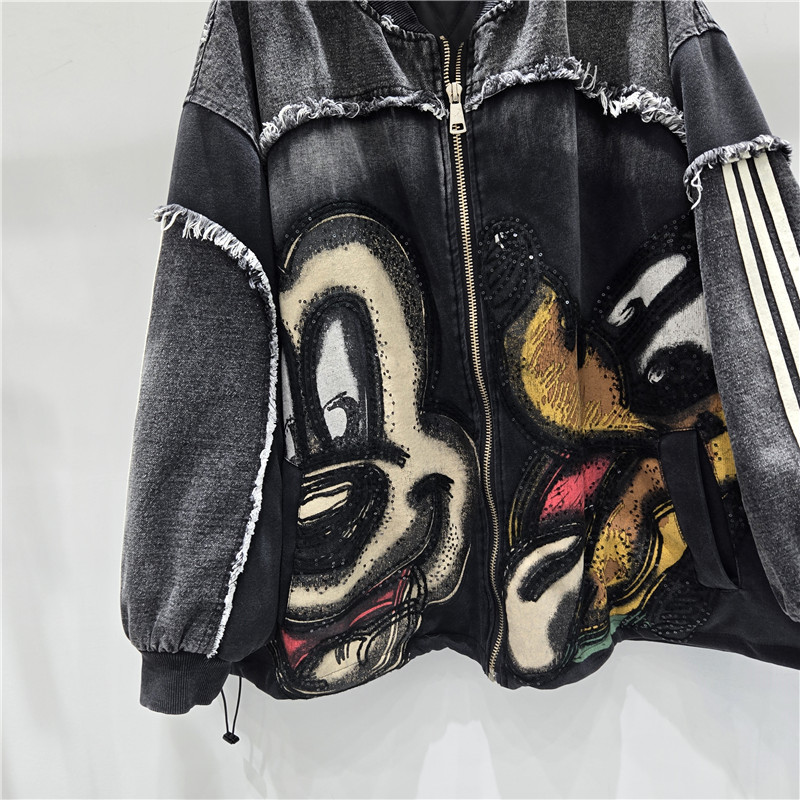 Chaqueta de vaquero de marca de moda, chaqueta de béisbol de algodón de hip hop impresa de dibujos animados de estilo pesado suelta. image 3