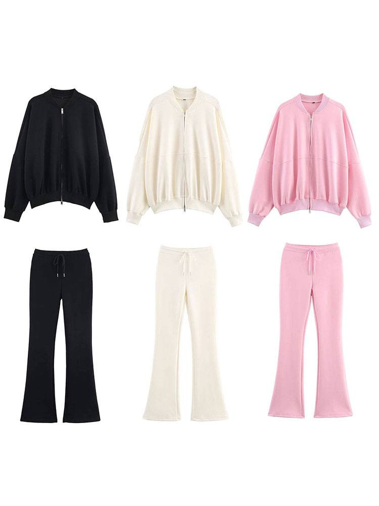 Women's Casual Bomber Jacket And Flared Pants Sportswear Set_voghion.com