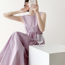 名媛2023春季新款高腰圆领少女感奶紫色气质连衣裙无袖女露背长裙