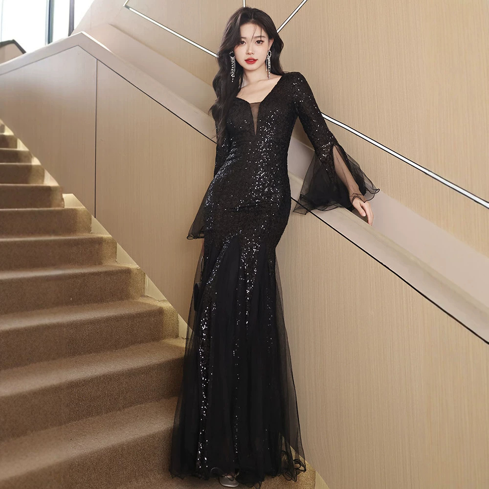 New Black Evening Gown For Women Elegant Luxurious Niche Style Mermaid Fit Long Dress With Sequins_ecoleips.com