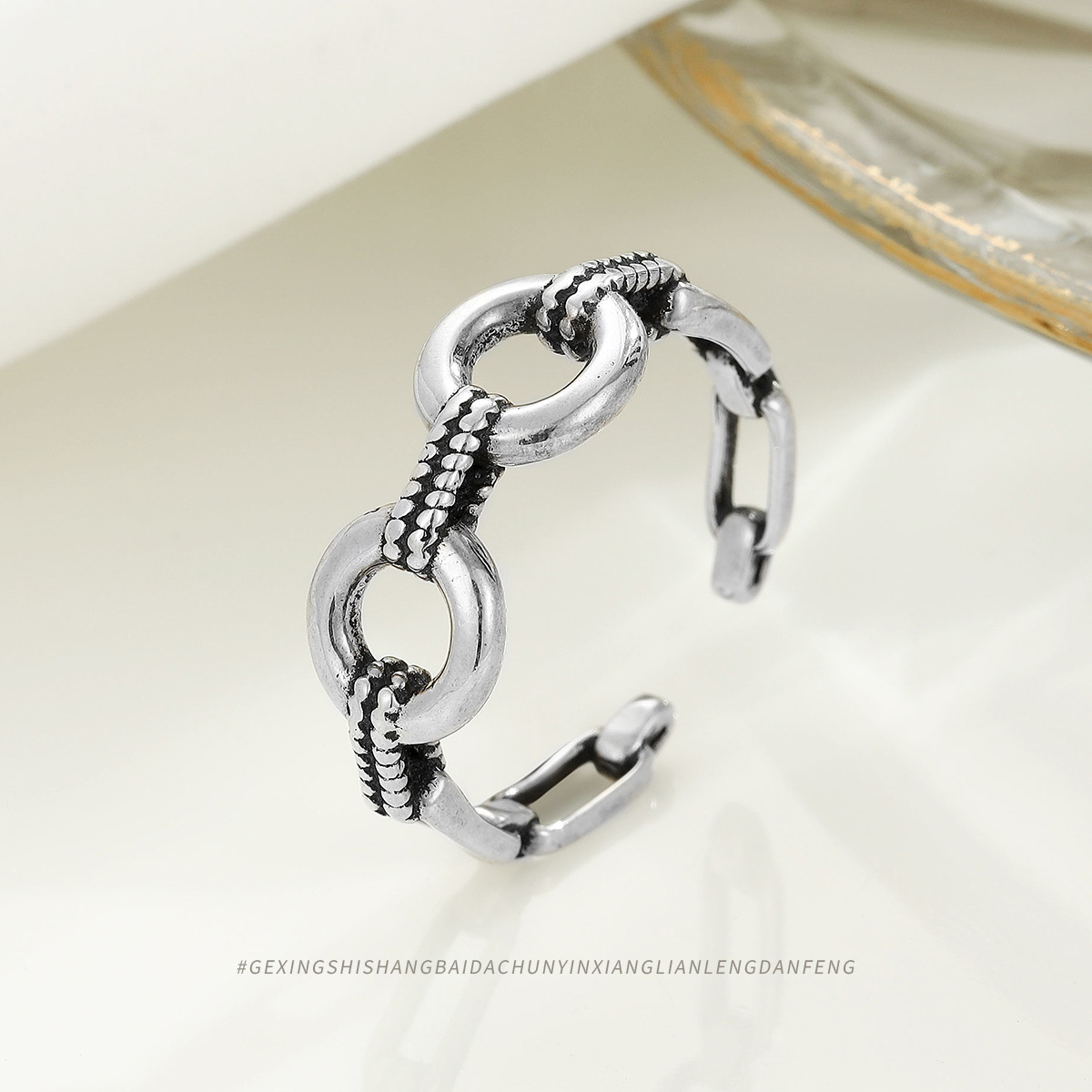 S925 Sterling Silver Personality Retro Circle Open Ring Niche Temperament Jewelry Fashion Women's Ring Ring