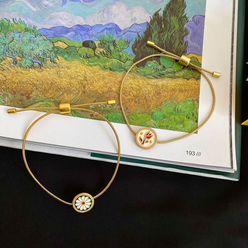 Japanese Style Light Luxury Daisy White Enamel Glaze Bracelet Super Fairy Elegant Retro Fresh Petal Design Bracelet