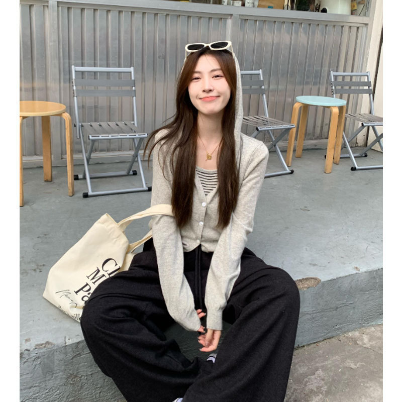 撞色条纹连帽假两件长袖针织衫女2025早秋新款设计感叠穿毛衣上衣|undefined
