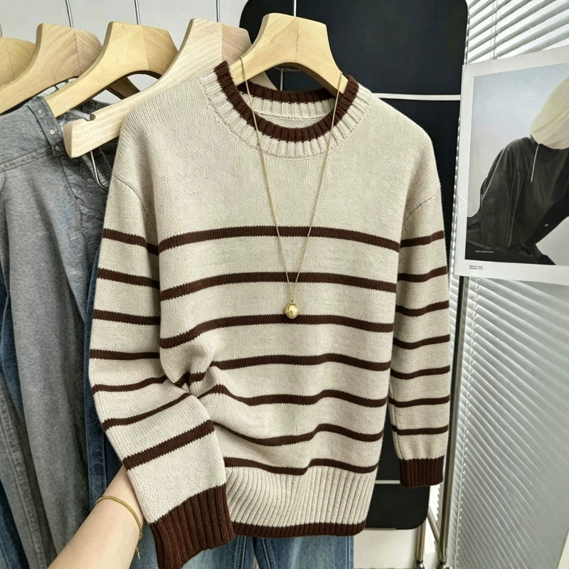 Source Factory Cross-Border Foreign Trade Women's Color-Block Striped Sweater, Elegant and Soft Knit Top, Available in Stock Source Factory Cross-Border Foreign Trade Women's Color-Block Striped Sweater, Elegant and Soft Knit Top, Available in Stock