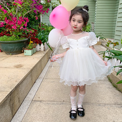 女童連衣裙春夏款2024新款珍珠泡泡袖紗裙夏裝裙子兒童裝公主裙潮