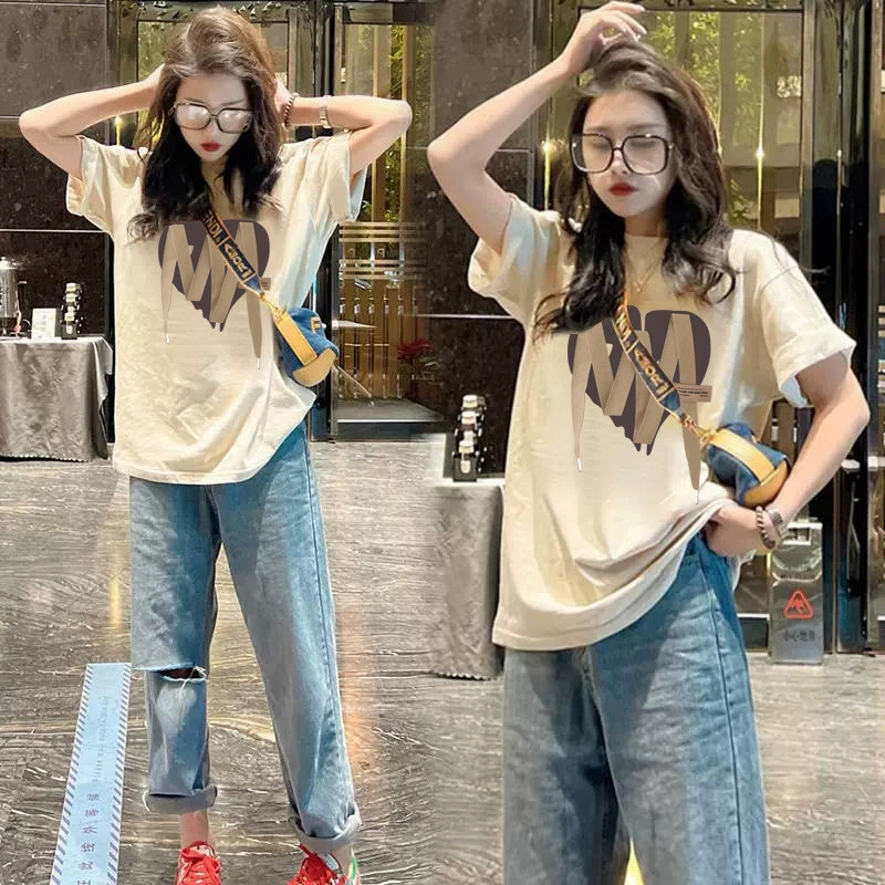 [Собралось 2255 человек] Женская футболка из 100% хлопка с короткими рукавами, новинка 2025 года, лето, свободный принт большого размера